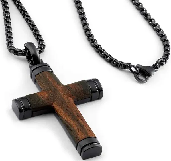 Co. Black Stainless Steel Cross Pendant, Real Santos Wood Free Necklace 24&#034; roun