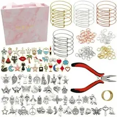 300pcs Bangle Bracelets Making Kit, Thrilez Charm Bracelet Making Kit with Expandable Bangles, Charms, Jump Rings and Pliers for Jewelry Making Bangle