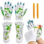 4PCS Reflexology Socks and Gloves Tool Set, Hand Spa Reflexology Tools Massage and Foot Massage with Massage Rod for Women and Men Tired Relieve