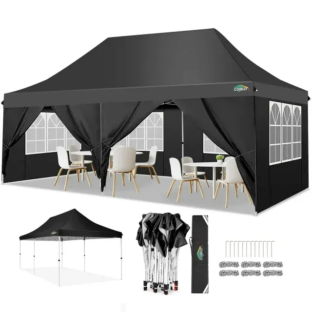 COBIZI 10x20 Pop up Canopy with 6 Removable Sidewalls,Outdoor Waterproof Canopy Tents for Partie Wedding,Instant Sun Protection Shelter with Upgrade Raised Roof and Carry Bag,Black