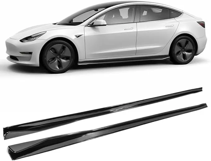 IKON MOTORSPORTS Side Skirts Compatible With 2017-2024 Tesla Model 3, IKON Style Gloss Black PP Polypropylene Side Skirts Extension Left Right Side Bodykit