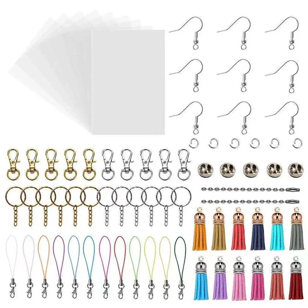 Xmfdty Shrink Plastic Sheets Keychain kit,215PCS Shrink Films Paper Kit Include 25PCS Shrink Art Paper Sheets with 190PCS Keychain Accessories for DIY Creative Craft