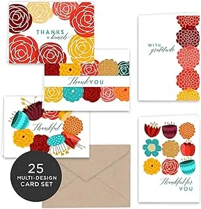 Paper Frenzy Thankful Floral Wreath Thank You Note Cards and Envelopes 25 Pack