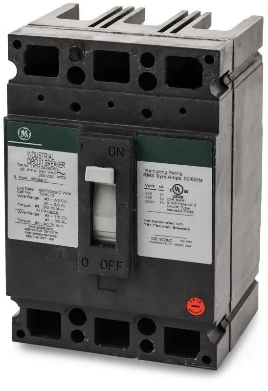 NEW General Electric TED134060WL 3P 60A 480V Circuit Breaker (Repaired Chip)