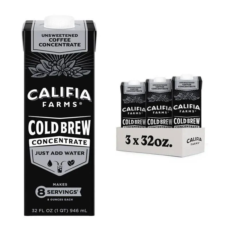 Califia Farms - Unsweetened Cold Brew Coffee Concentrate, 32 Oz (Pack of 3), 100% Arabica, Shelf Stable, Plant Based, Vegan, Gluten Free, Non GMO, Sugar Free, Iced Coffee