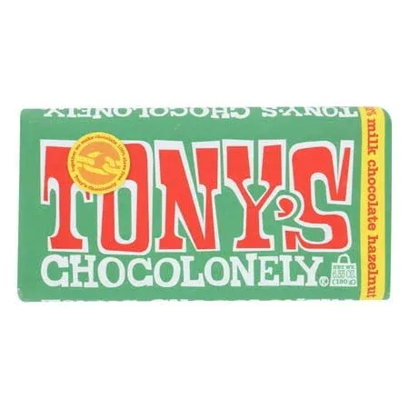 "Tony's Chocolonely Milk Hazelnut Bar 6.35 Ounce Size - 15 Per Case."