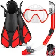 ZEEPORTE Mask Fin Snorkel Set, Travel Size Snorkeling Gear for Adults with Panoramic View Anti-Fog Mask, Trek Fins, Dry Top Snorkel and Gear Bag