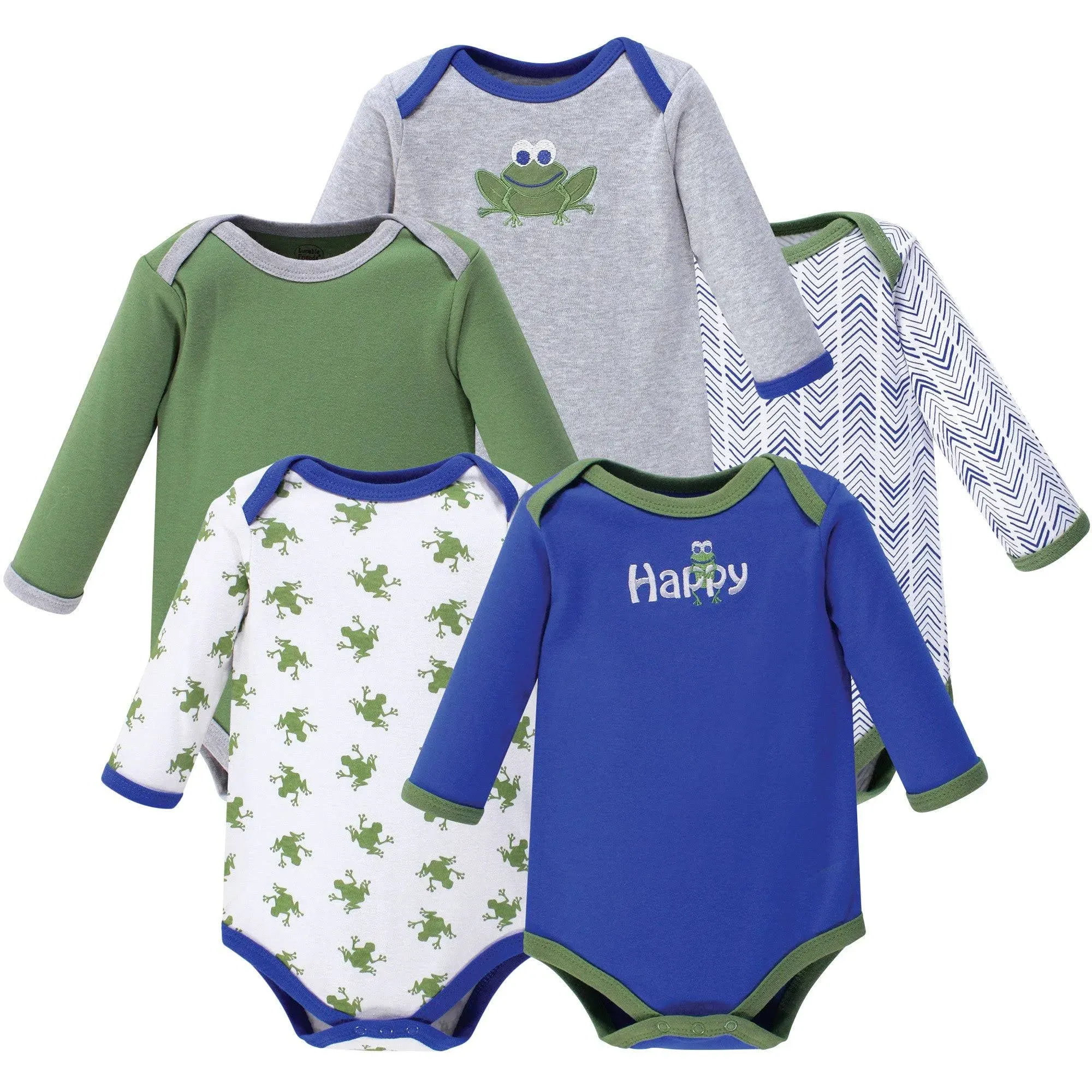 Luvable Friends Baby Boy Cotton Long-Sleeve Bodysuits 5pk, Frog - Frog