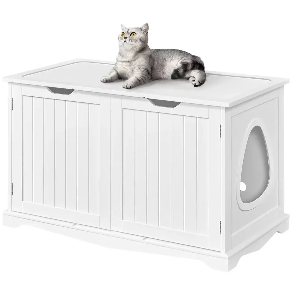 Yaheetech Cat Litter Box Enclosure, Cat Litter Box Furniture Hidden, Wooden Pet Crate Cat Washroom Storage Bench with Divider Home Litter Loo Indoor Cat House White