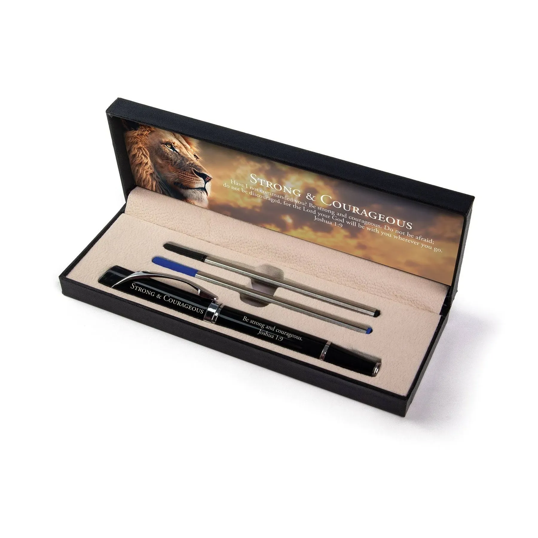 Deluxe Scripture Pens - Strong & Courageous, Triangle Barrel Ballpoint Pen With Extra Blue & Black Ink, Inspirational Christian Pens with Gift Box, Gifts For Christian Men, Women & Pastor Gifts