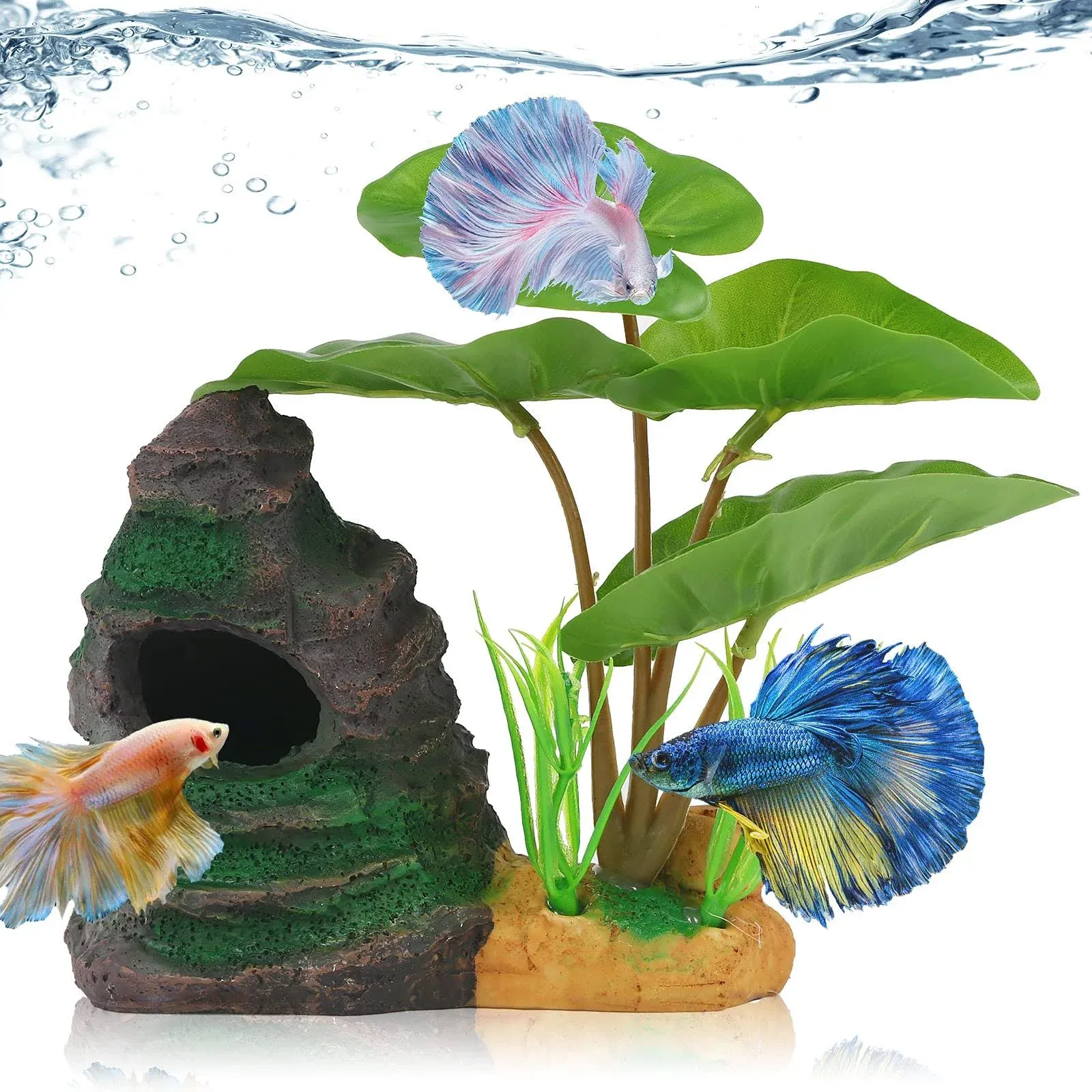 COOSPIDER Betta Fish Leaf Pad Hammock Aquarium Decoration Cichlid Fish Tank Resin Rock Mountain Cave Ornaments Fish Bowl Decorations for Sleeping