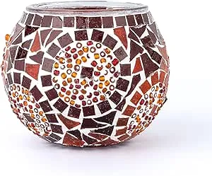 KAFTHAN Mosaic Glass Large Single Candle Holder - Round Bowl, Plant Pot, Votive Candle Holder - Decorative Vase & Unique Table Centerpiece for Wedding, Ball & Home - (3.7" x 3.5", Red Triple Circle)