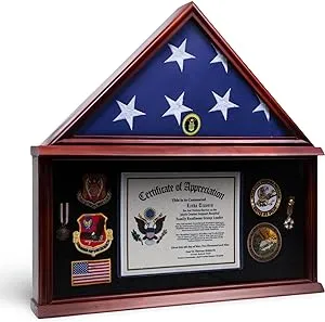 DECOMIL - Large Military Shadow Box Frame Memorial Burial Funeral Flag Display Case for 5x9 Flag, Solid Wood (Mahogany) (Plain)