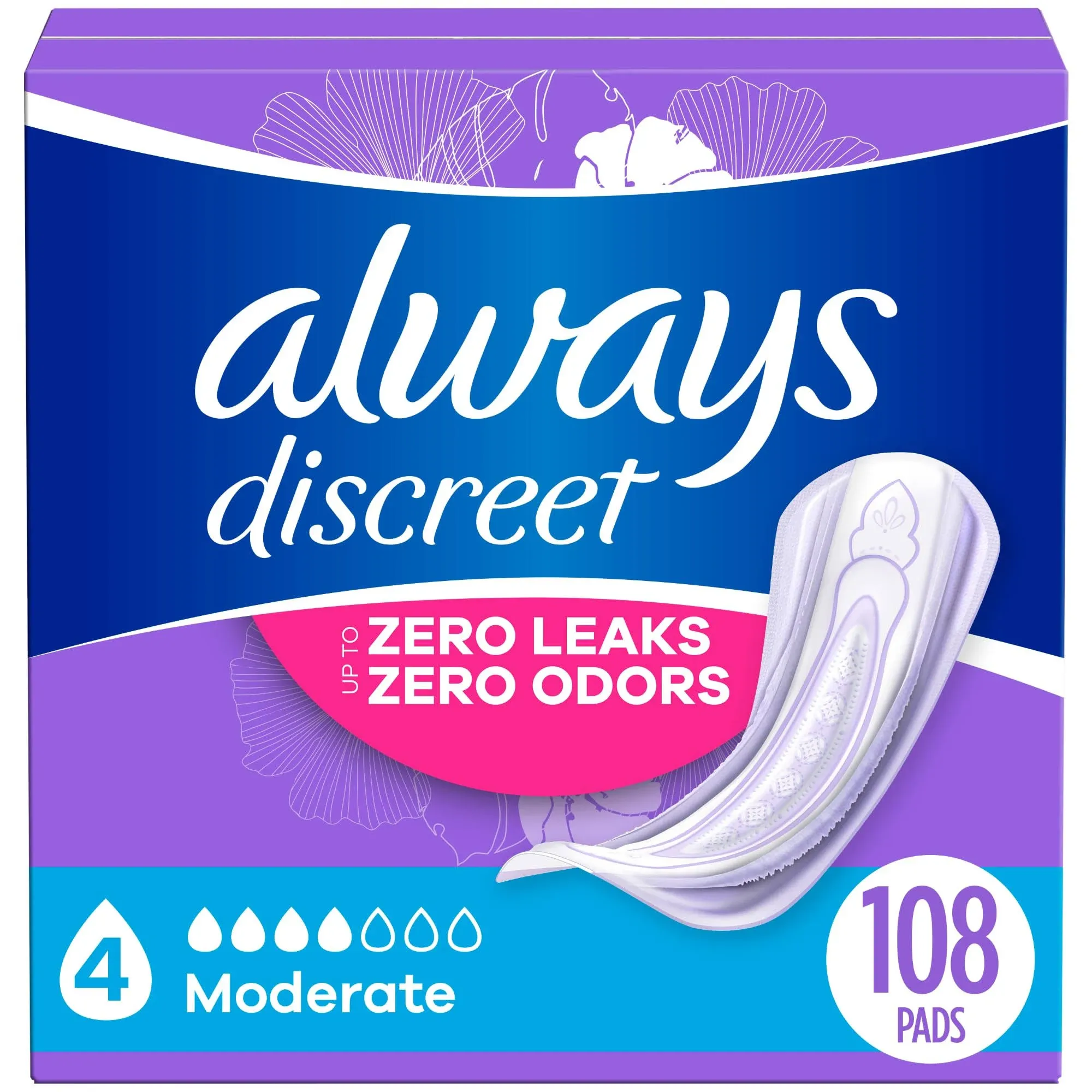 Always Discreet Adult Incontinence Pads for Women, Moderate Absorbency, Regular Length, Postpartum Pads, 108 ct (Packaging May Vary)