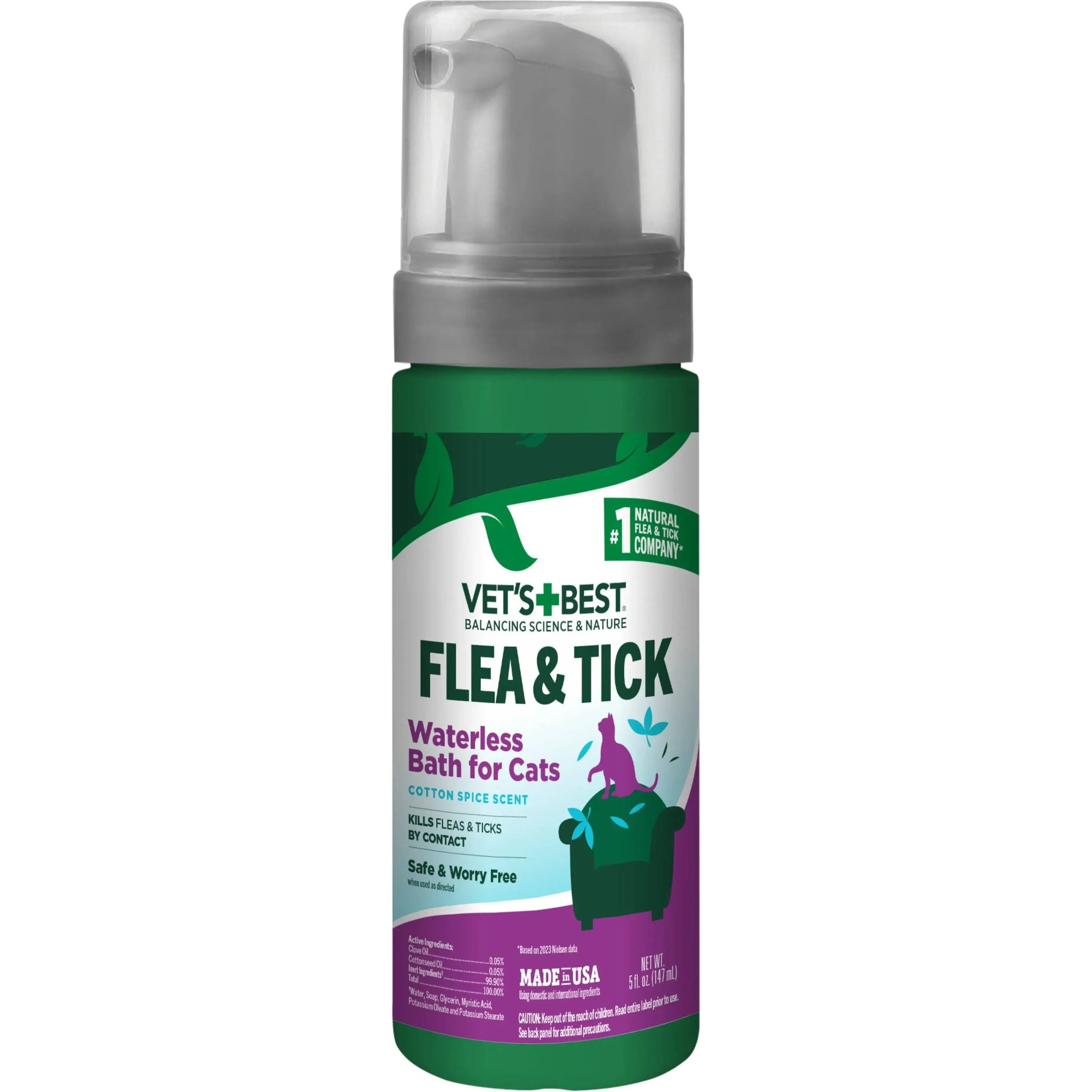 Vet’s Best Flea & Tick Waterless Bath for Cats – Cat Waterless Bath – Cotton Spice Scent – Natural Flea and Tick Prevention – Kills Fleas & Ticks on Contact – 5oz