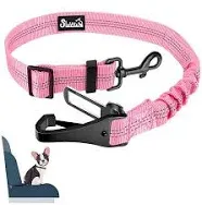 SlowTon Dog Seat Belt, Adjustable Dog Safety Belt Leash, 2 in 1 Latch Bar Attachment Dog Car Seatbelt with Elastic Nylon Bungee Buffer, Reflective Nylon Belt Tether Connect to Dog Harness (Pink)