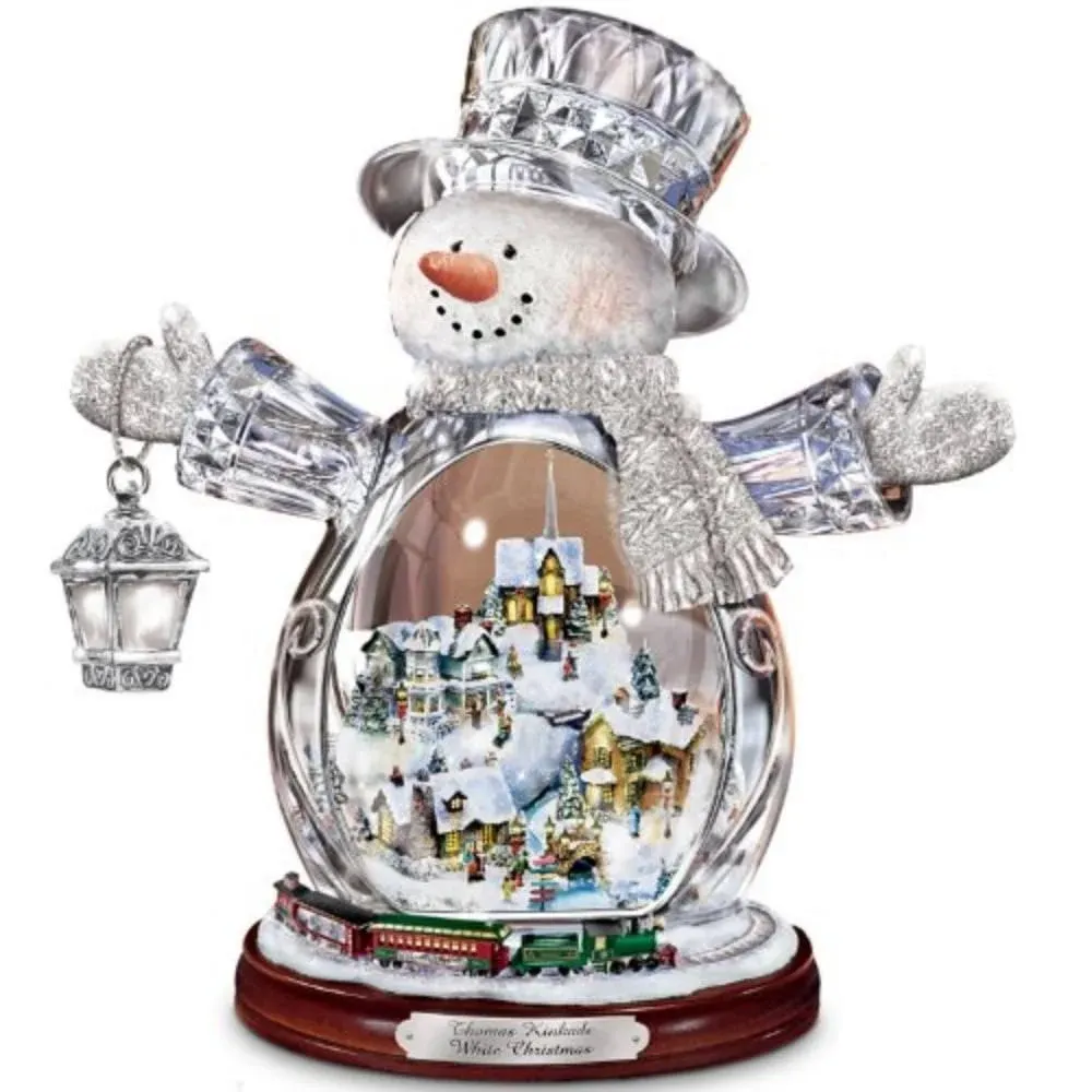 Thomas Kinkade White Christmas Crystal Snowman Village Train Works