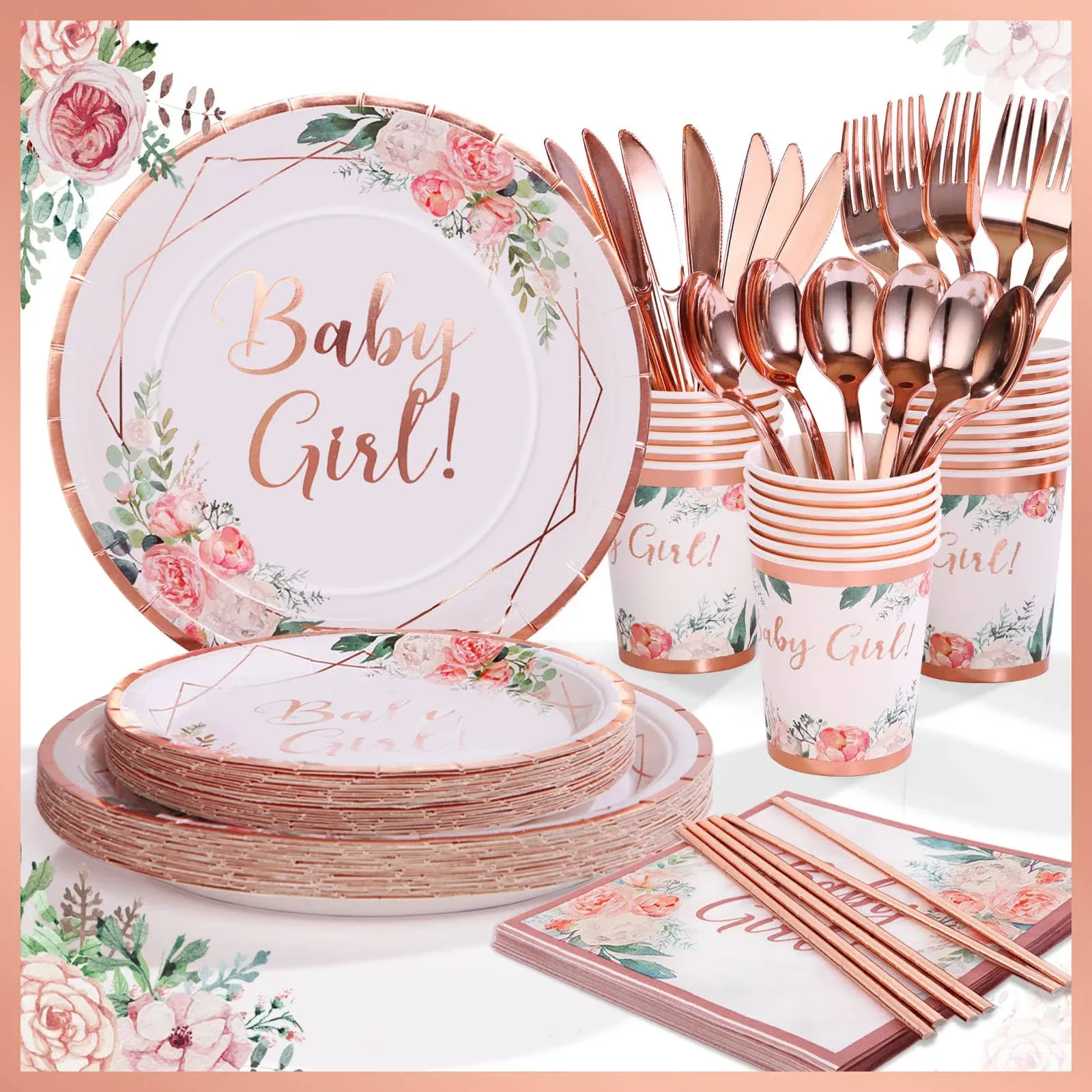 VEIZEDD Baby Girl Shower Decorations,Baby Shower Plates and Napkins Party Supplies with Rose Gold Foil, Pink Floral Paper Plates, Napkin