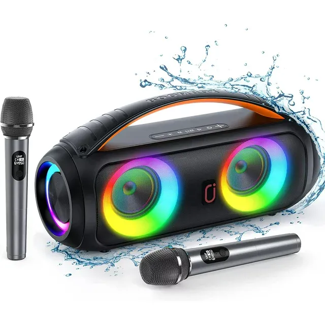 Jyx Bluetooth Speaker, Outdoor Speakers Waterproof Wireless with 2 Microphones, Portable Boombox with DJ Lights for Pool Beach Party, D16-T