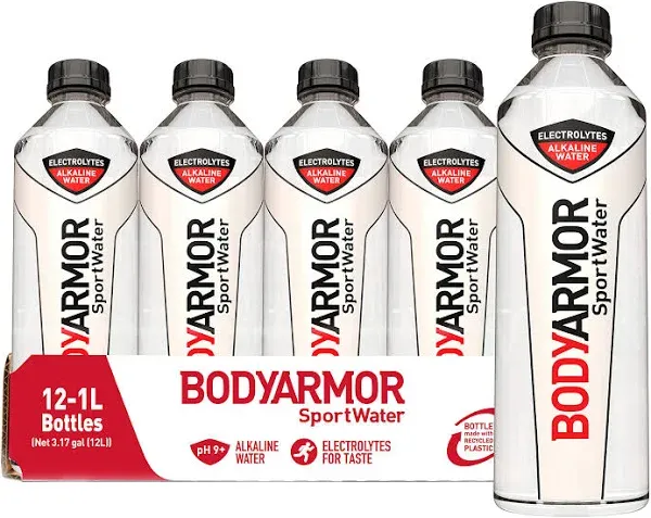 BODYARMOR SportWater Alkaline Water, Superior Hydration, High Alkaline Water pH 9+, Electrolytes, Perfect for your Active Lifestyle, 1 Liter (Pack of 12)