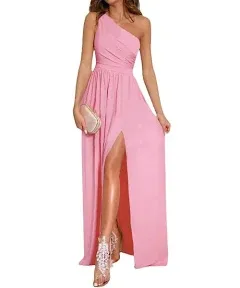 LYANER Women's One Shoulder High Split Sleeveless Ruched Sexy Cocktail Maxi Long Dress