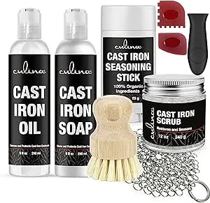 Culina Cast Iron Soap stick Conditioning Oil Stainless Scrubber Restoring Scrub brush handle and scrapers |All Natural Ingredients |for Cast Iron Cookware with handle and scrappers colors may vary