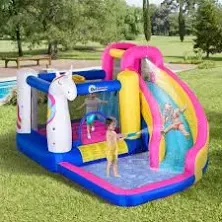 Outsunny 5-in-1 Inflatable Bounce House with Slide, Climbing Wall, Water Gun, and More, Inflatable Water Slide for Kids with 2 Min. Inflation, Big Unicorn Toy