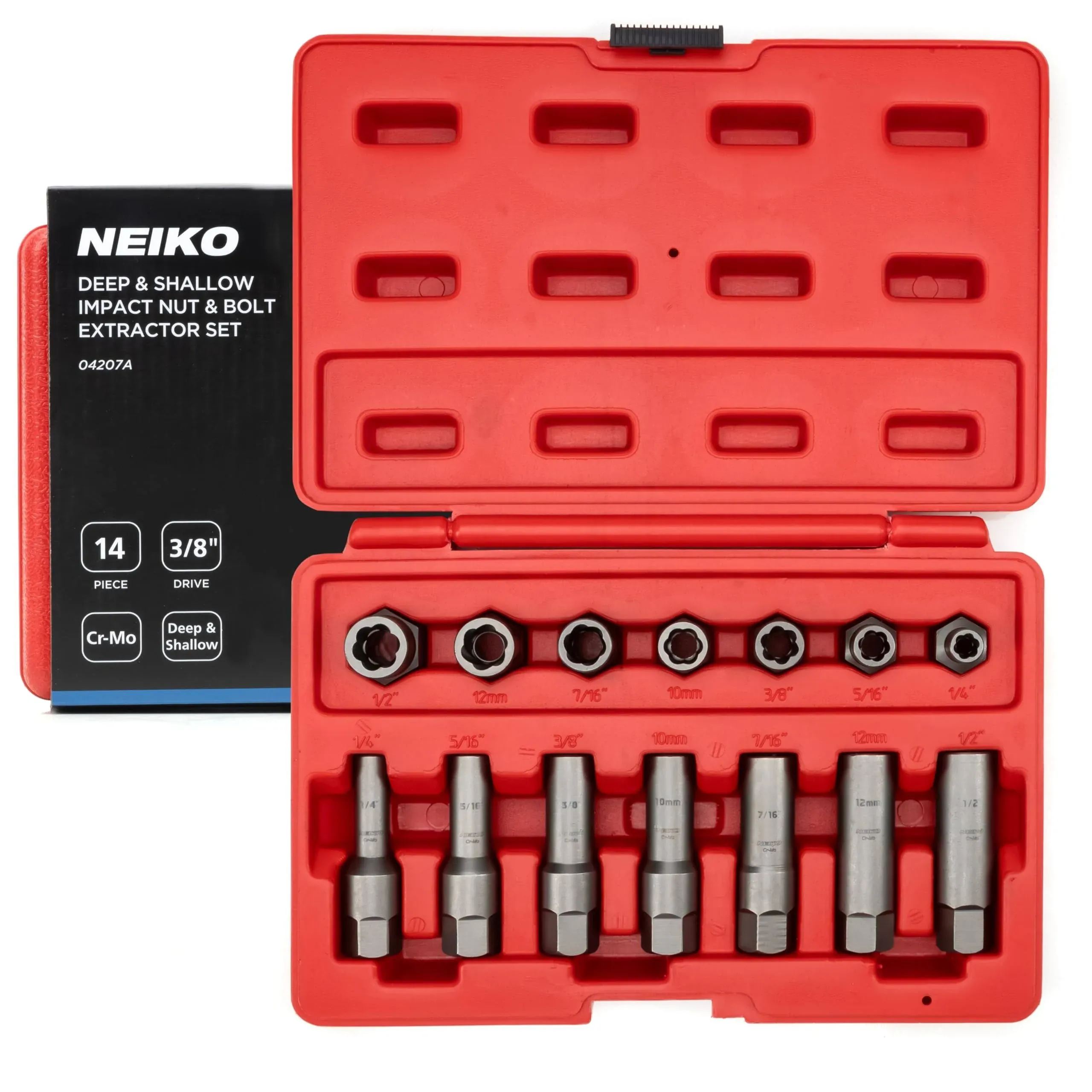 NEIKO 04207A Impact Nut & Bolt Extractor Set, 14 Piece Lug Nut Removal Tool, 3/8 Drive, Deep and Shallow Stripped Bolt Extractor Socket Set, Rounded Bolt Removal tool, Nut Remover Socket Set, CR-Mo