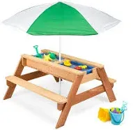 Best Choice Products BCP 3-in-1 Kids Convertible Wood Sand & Water Picnic Table with Umbrella