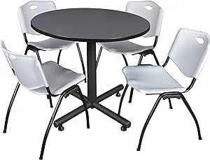 Kobe 48" Round Breakroom Table- Grey & 4 'M' Stack Chairs- Grey