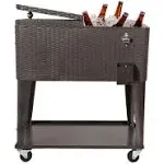 80 Quart Qt Rolling Cooler Ice Chest Cart for Outdoor Patio Deck Party, Dark Brown Wicker Faux Rattan Tub Trolley, Portable Backyard Party Drink Beverage Bar, Wheels with Shelf & Bottle Opener