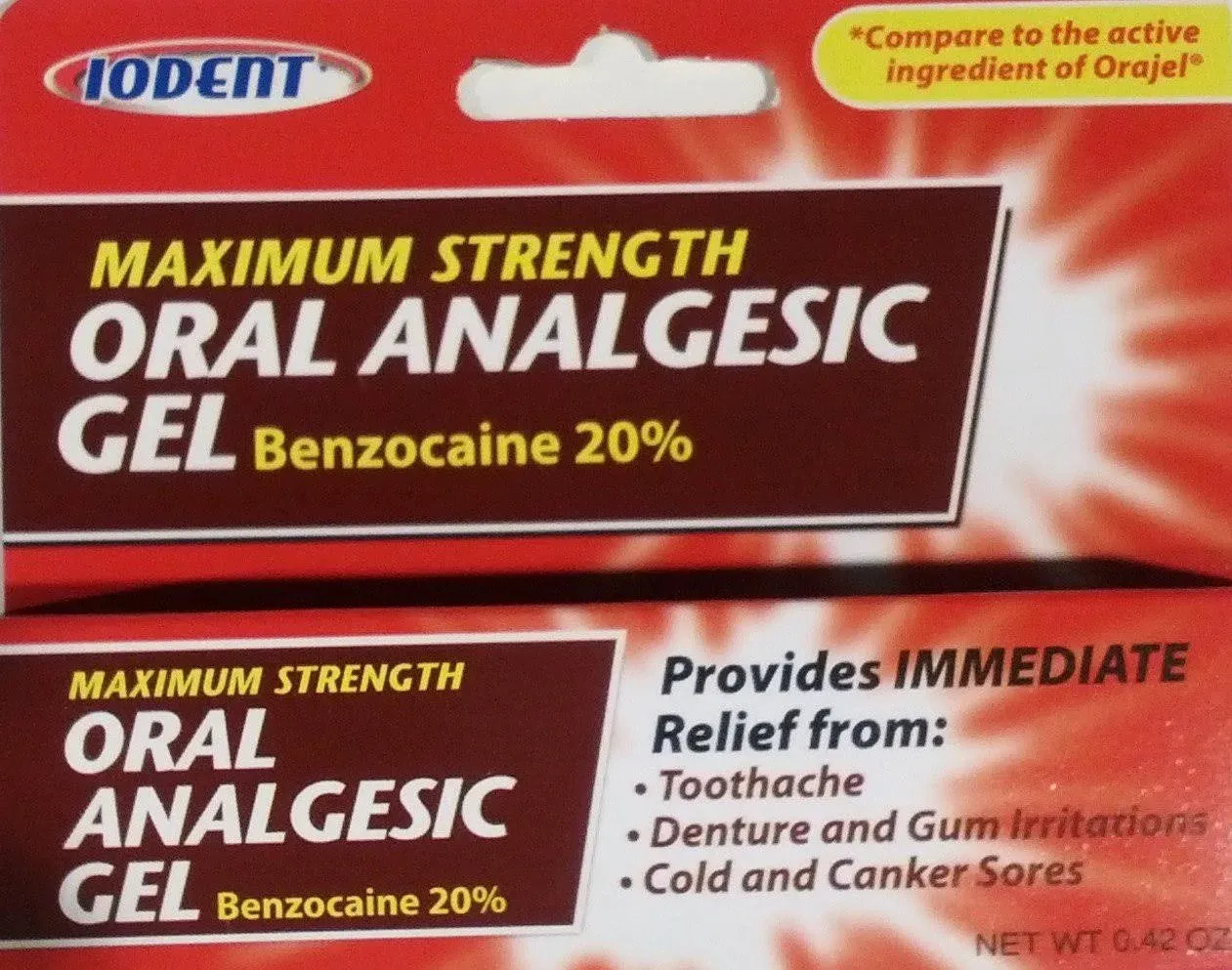 IODENT ORAL ANALGESTIC GEL BENZOCAINE 20% MAXIMUM STRENGTH 0.42 OZ ORAJEL