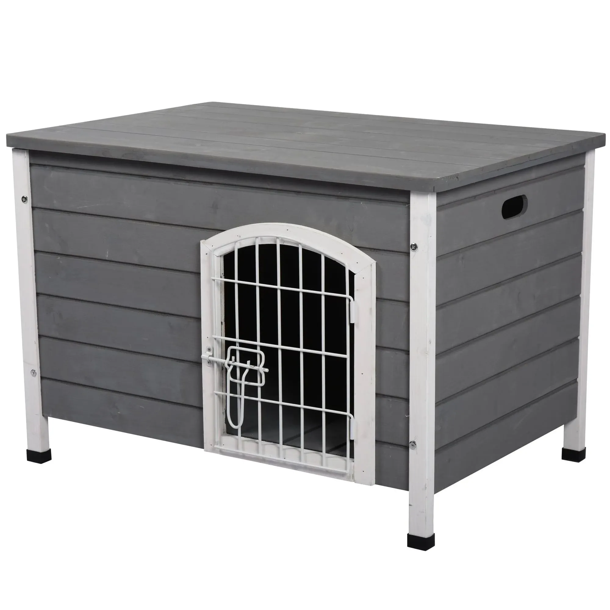 Wooden Dog Cage Kennel Lockable Door Small Animal House w/ Openable Top Gray