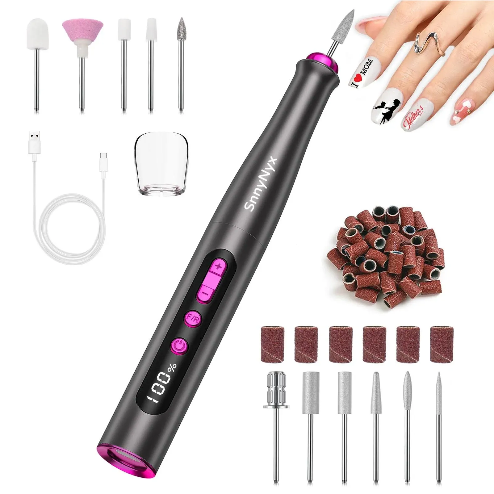 SnnyNyx Electric Nail Drill Professional Efile Nail Machine, LCD Display 25000RPM Rechargeable Portable Cordless Nail Drill Kit Drill Bits for Acrylic Nail, Manicure Pedicure Polishing Tools Home Slon