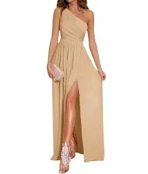 LYANER Women's One Shoulder High Split Sleeveless Ruched Sexy Cocktail Maxi Long Dress