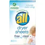 all Fabric Softener Dryer Sheets for Sensitive Skin, Free Clear, 80 Count