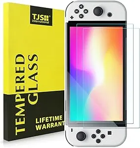 TJS [2 Pack Screen Protector Tempered Glass for Nintendo Switch OLED Model 2021, [Works While Docking] - 0.3mm Thickness/Bubble Free/Ultra Clear/9H Hardness/Anti-Scratch/Anti-Fingerprint (Clear)