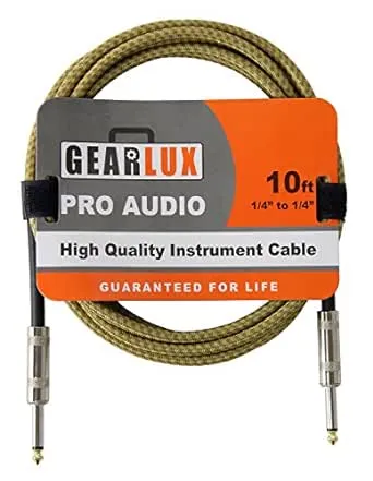 Gearlux Instrument Cable/Professional Guitar Cable 1/4 Inch to 1/4 Inch, Tweed, 10 Foot