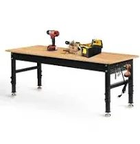 Betterhood 70" Adjustable Workbench On Wheels, 2000 lbs Heavy Duty Work Table with Power Outlets & Pegboard, Rubber Wood Workstation for Garage, Works