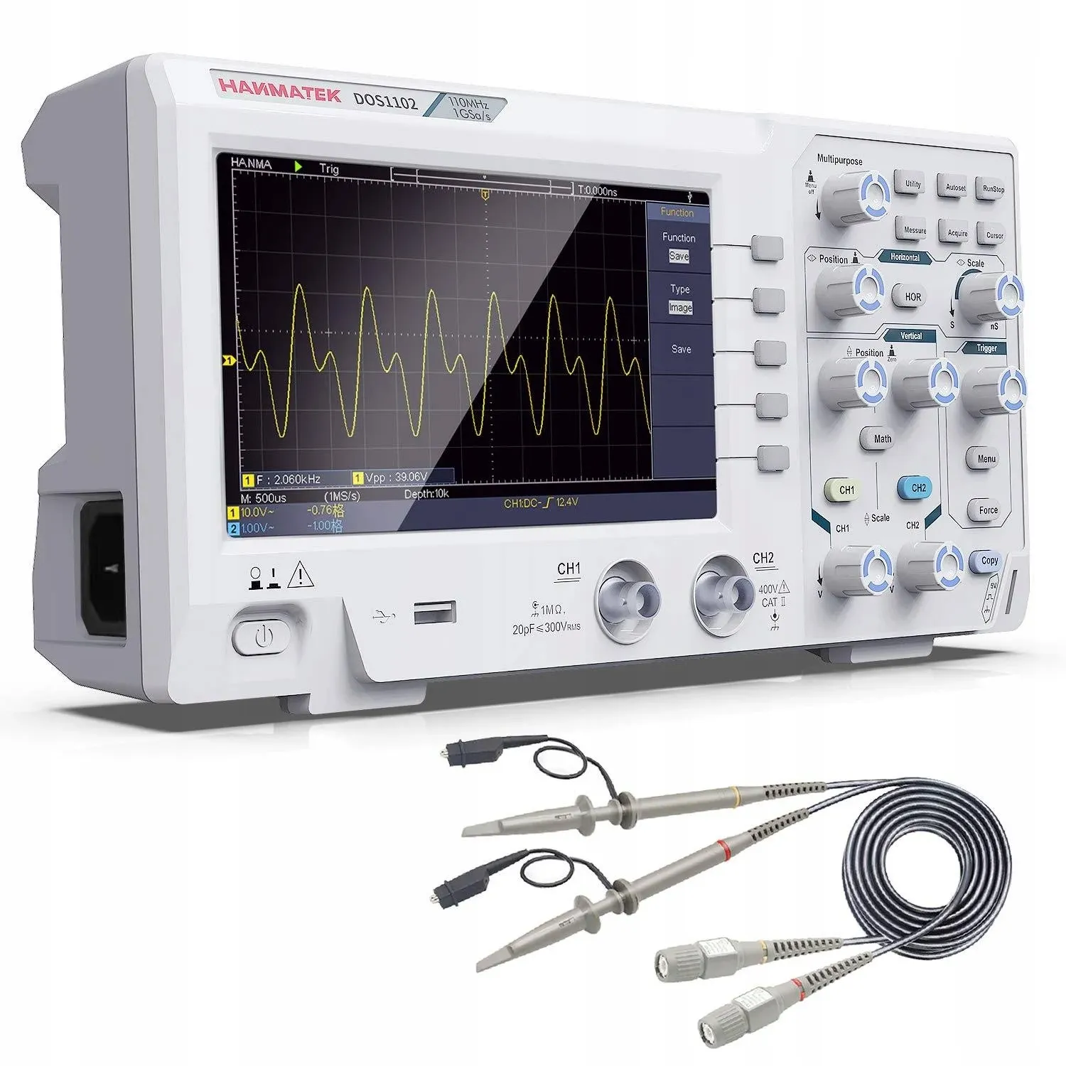 HANMATEK 110mhz Bandwidth DOS1102 Digital Oscilloscope with 2 Channels and Screen 7 inch / 18 cm