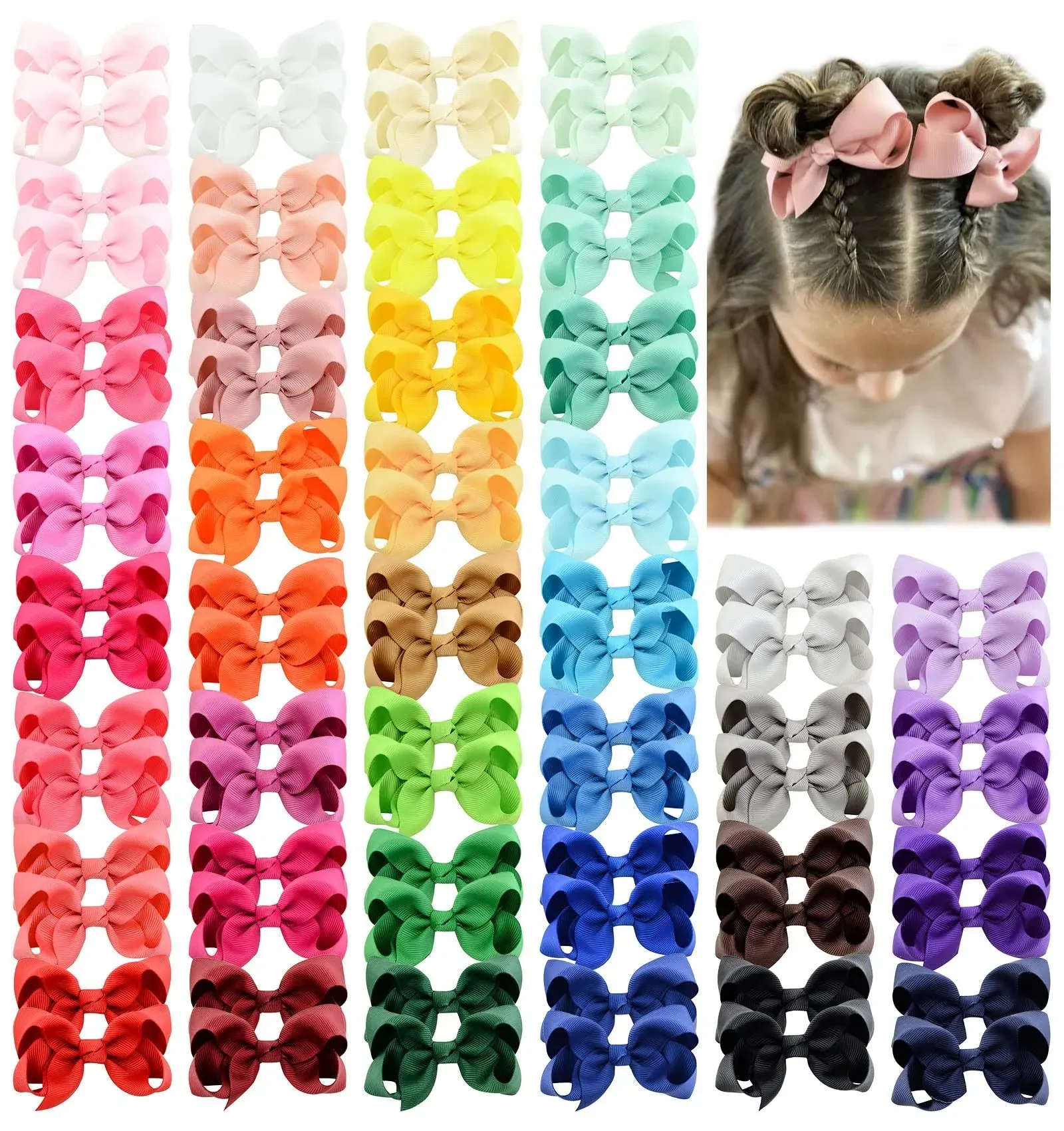 80PCS 3Inch Hair Bows for Girls Grosgrain Ribbon Toddler Hair Accessories with Alligator Clips for Toddlers Baby Girls Kids Teens in Pairs