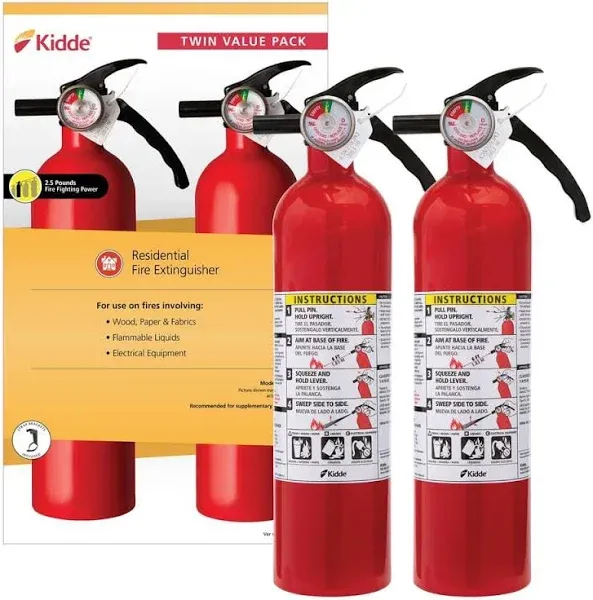 Kidde FA110 Multipurpose Fire Extinguishers 2 Pack - Red, (Rating 1-A:10-B:C) - UPDATED - Includes Custom Stickers (2)