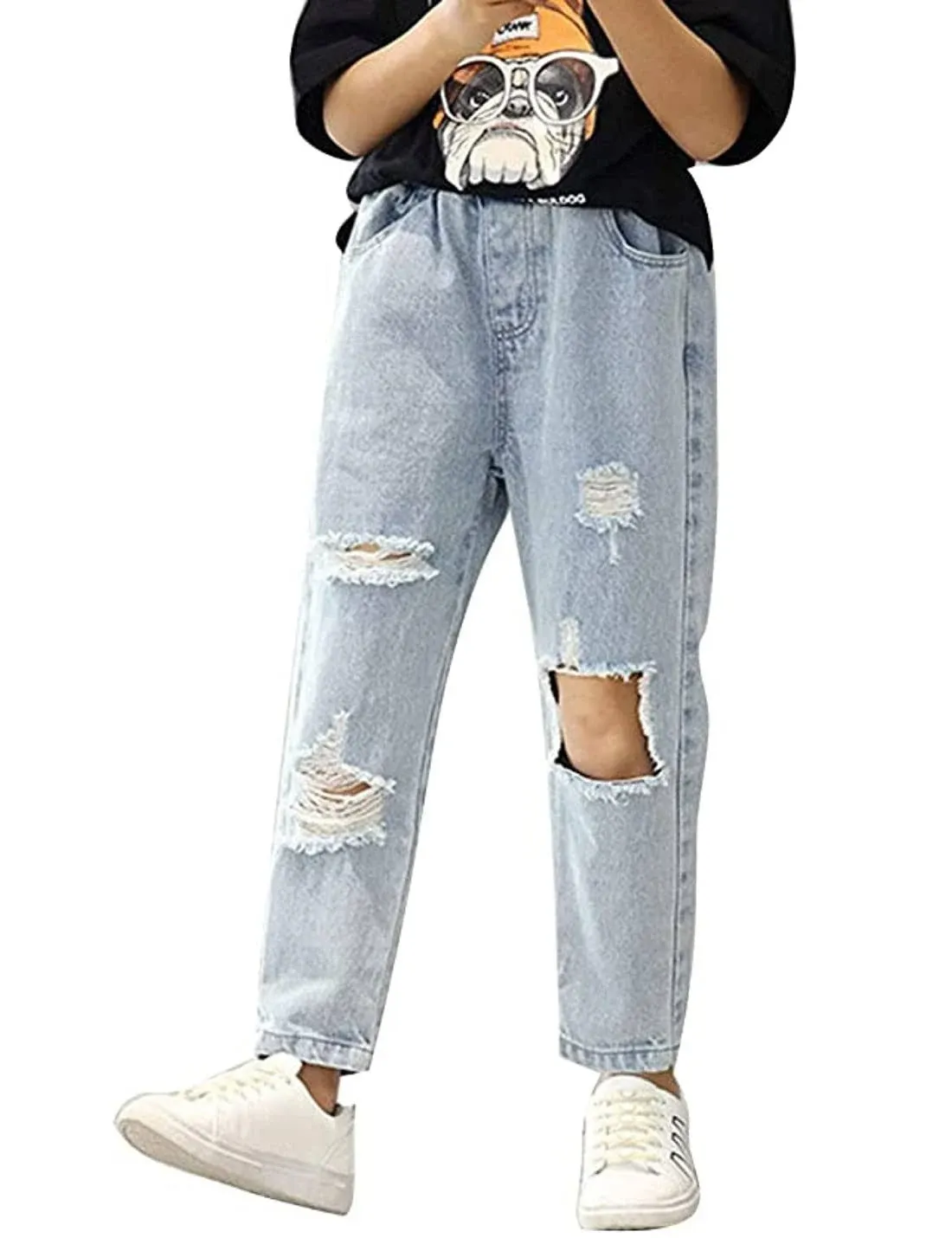 AMEBELLE Ripped Jeans for Teen Girls Elastic Waist Cute Girls Pants 8Y 10Y 12Y 14Y Blue