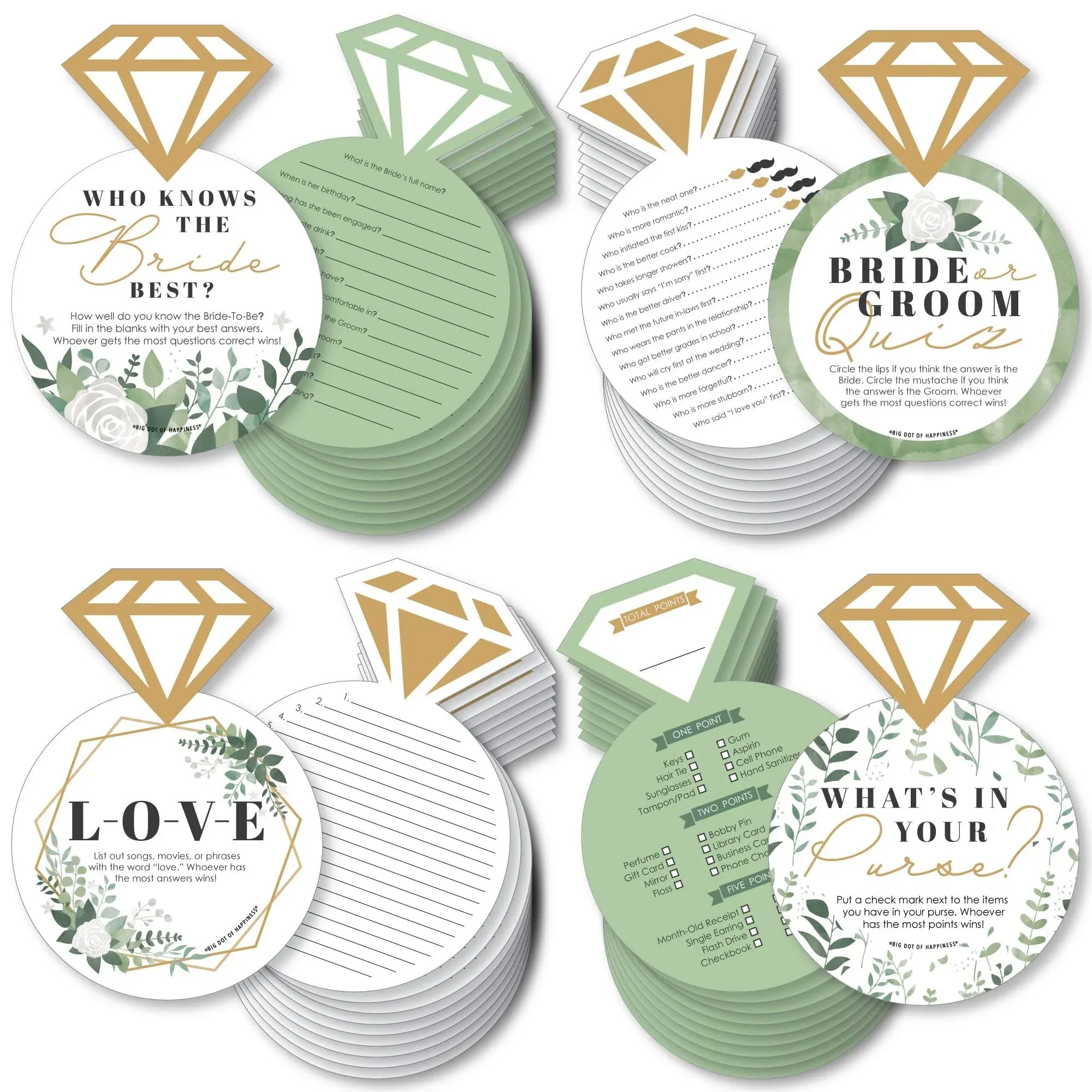 Big Dot of Happiness Boho Botanical Bride - 4 Games - Who Knows The Bride best, Bride or Groom Quiz, What’s in Your Purse and Love - Gamerific Bundle