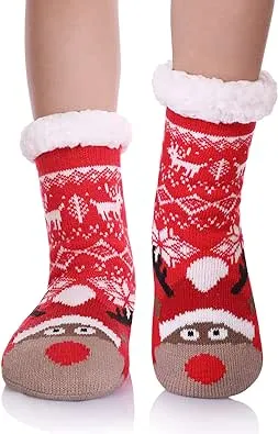 Yebing Kids Boys Girls Slipper Socks Cute Animal Fuzzy Winter Warm Fleece Lining Christmas Socks With Grippers