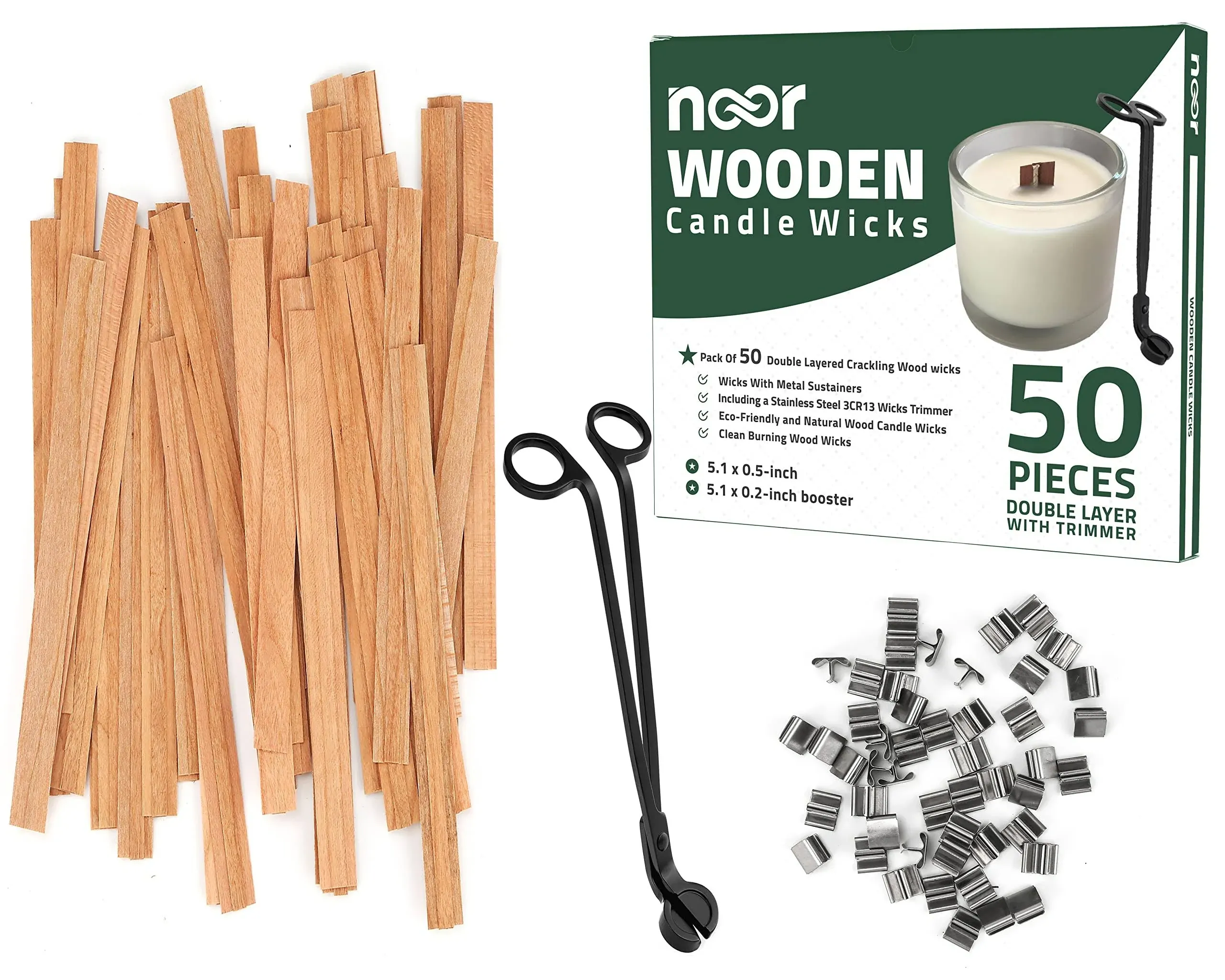 Noor 50 Pieces Smokeless Wooden Wicks for Candle Making with Trimmer and 5.1 x 0.2 inch Booster - 5.1 x 0.5 inch Crackling Wood Wick for DIY Candles