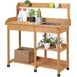 Yaheetech Potting Bench Outdoor Garden Work Bench Station Planting Solid Wood Construction for Horticulture w/Sink Drawer Rack Shelves