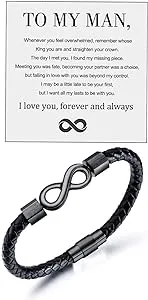 To My Man Bracelet from Wife, Trendy Unique Infinity Leather Black Bracelet with I Love You Forever and Always Card Anniversary Bracelet for Husband Boyfriend Jewelry Gifts