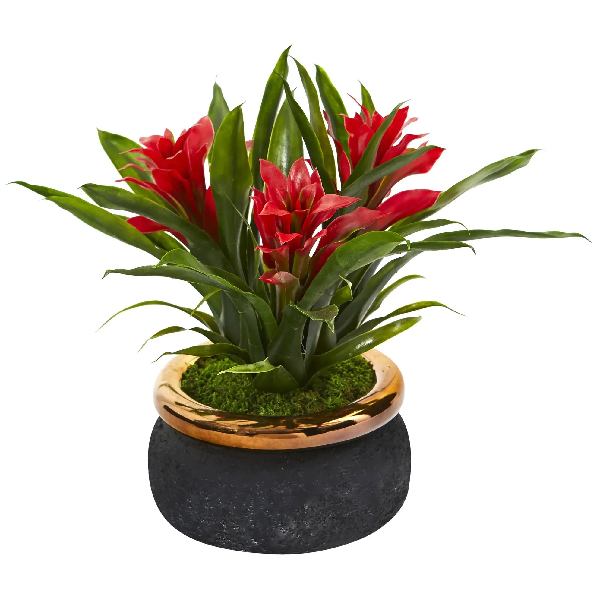 Nearly Natural Mini 11in. Bromeliad Artificial Stoneware Planter Silk Plants, Red