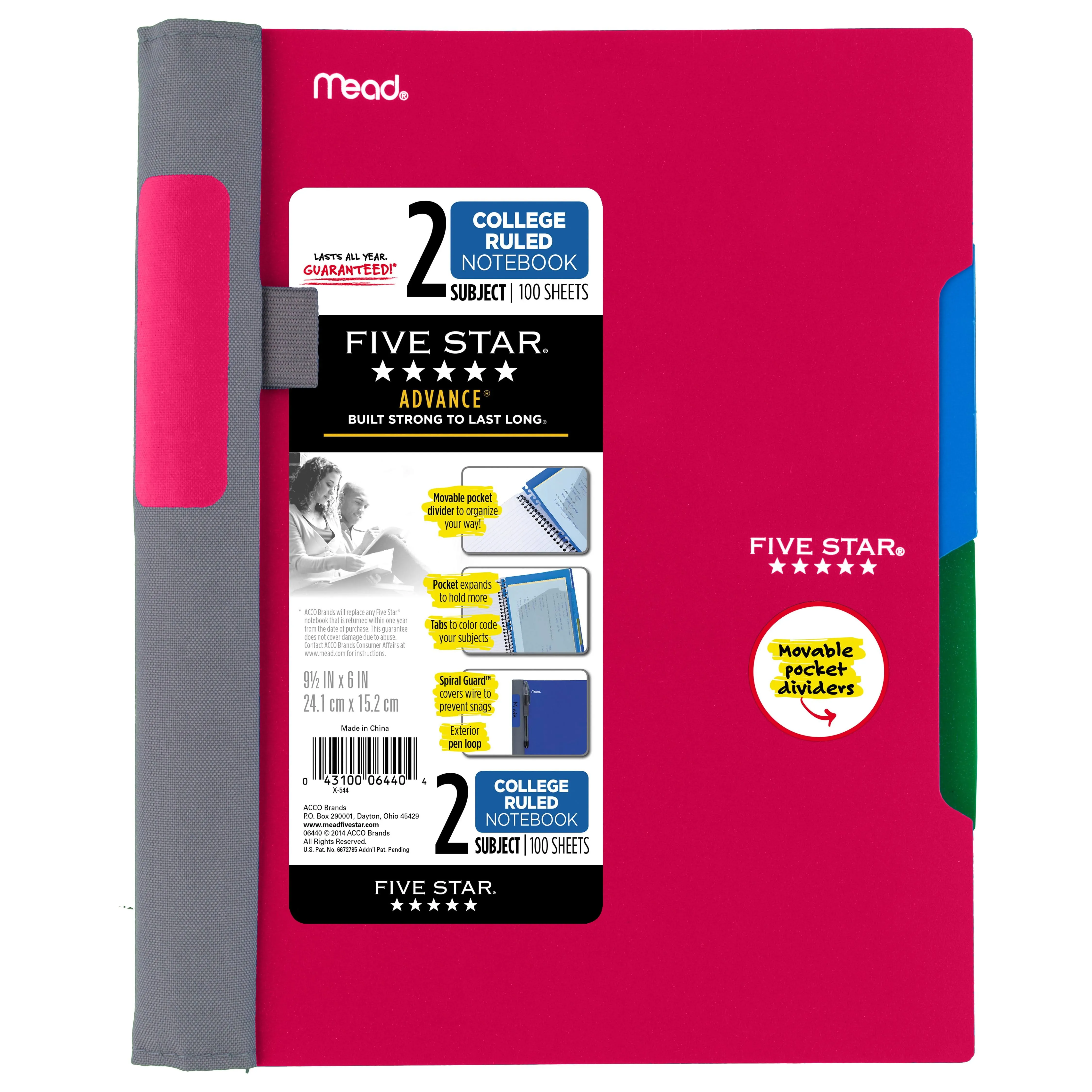 Five Star Advance Spiral Notebook, 2 Subject, College Ruled Paper, 100 Sheets, 9-1/2" x 6", Red (73158)